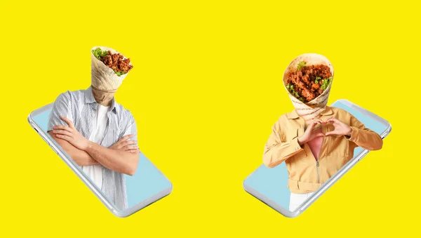 Hands Holding Mobile Phones People Burrito Instead Heads Yellow Background — Stock Photo, Image