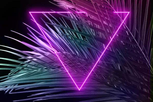 Tropical palm leaves and neon triangle on dark background, closeup