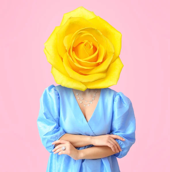 Woman Yellow Rose Flower Instead Her Head Pink Background — Stock Photo, Image