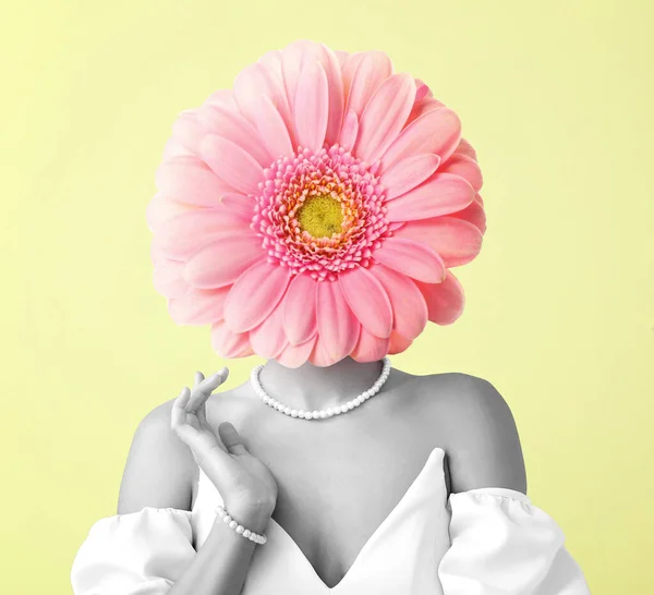 Woman Gerbera Flower Instead Her Head Yellow Background — Stock Photo, Image