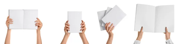 Manos Con Libros Blanco Aislados Sobre Blanco — Foto de Stock