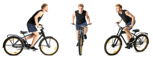 在白色背景下骑自行车的一组健美年轻人 — 图库照片