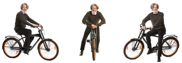 Homem Idoso Elegante Com Bicicleta Fundo Branco — Fotografia de Stock