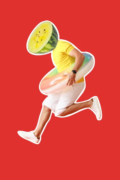 Jumping Man Inflatable Ring Ripe Watermelon Instead His Head Red — Stock Photo, Image