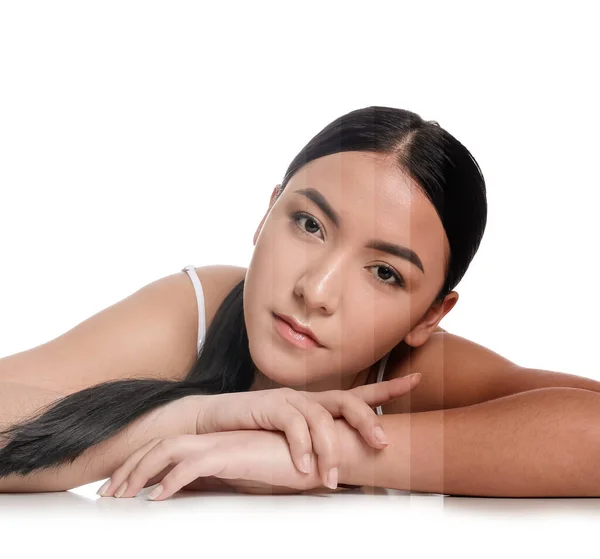 白い背景に異なる肌のトーンを持つかなりアジアの女性の肖像画 — ストック写真