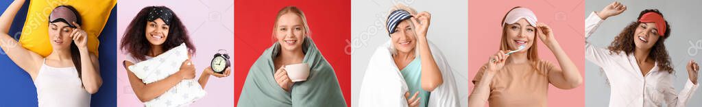 Set of beautiful women in pajamas, with sleep masks, pillows, cup of coffee, blanket, tooth brush and alarm clock on color background