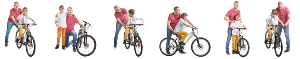 Conjunto Menino Seu Pai Com Bicicleta Fundo Branco — Fotografia de Stock
