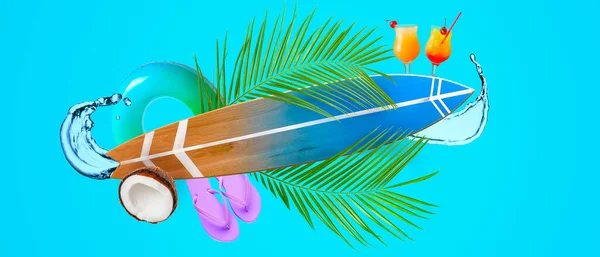 Collage Mit Surfbrett Wasserspritzer Tropischen Blättern Und Strandaccessoires Auf Blauem — Stockfoto