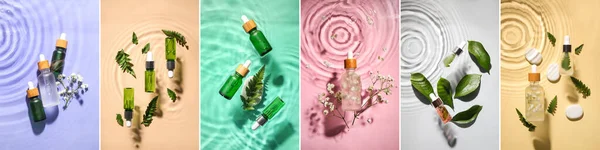 Collage Con Siero Cosmetico Naturale Oli Essenziali Vista Dall Alto — Foto Stock