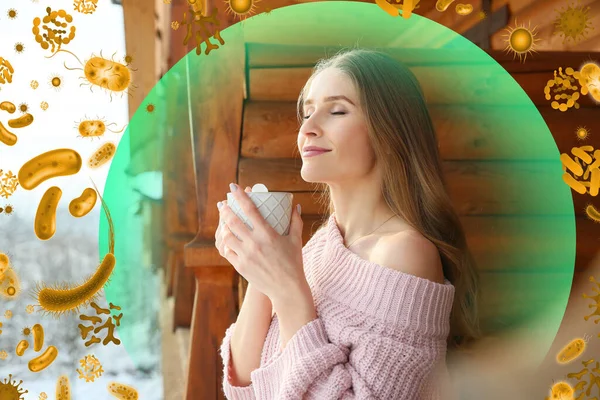 Woman Drinking Hot Chocolate Outdoors Winter Day Concept Strong Immunity — Stock Photo, Image