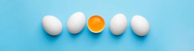 Mavi arka planda kırılan yumurtalar arasında