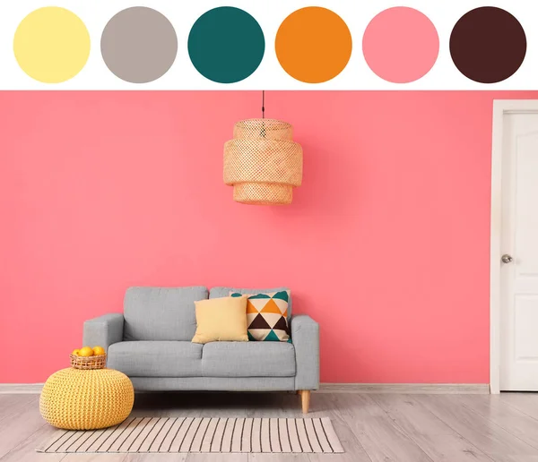 Comfortable Sofa Pouf Pink Wall Different Color Patterns — Stock Photo, Image
