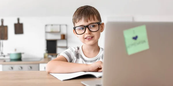 Little Schoolboy Studying Online Home — Stock Photo, Image