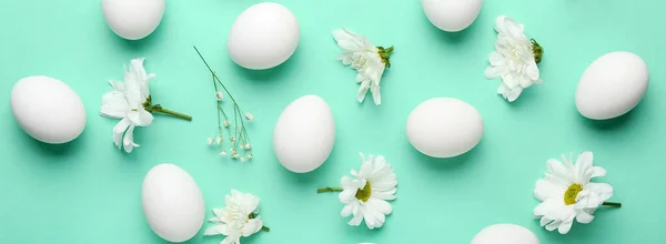 Beautiful Easter Composition Eggs Spring Flowers Turquoise Background — Stock Photo, Image