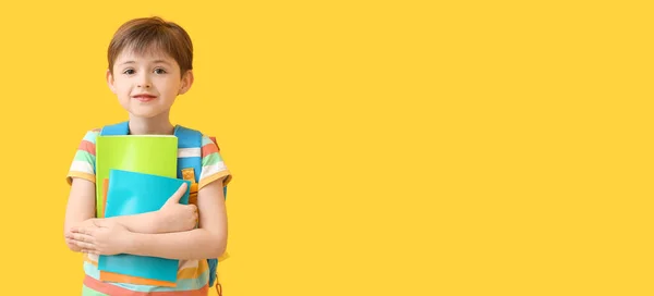 Cute Little Schoolboy Yellow Background Space Text — Stock Photo, Image