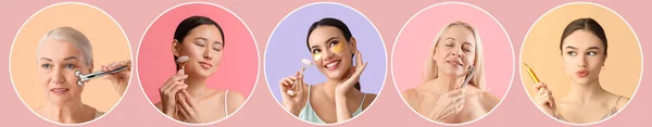 Set Beautiful Women Facial Massage Tools Color Background — Stock Photo, Image