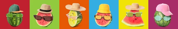 Set Funny Watermelons Wearing Sunglasses Hats Colorful Background — Stock Photo, Image