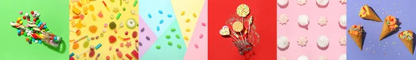 Collage Met Veel Verschillende Snoepjes Snoepjes — Stockfoto