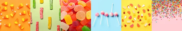 Collage Mit Vielen Verschiedenen Bonbons Und Süßigkeiten — Stockfoto