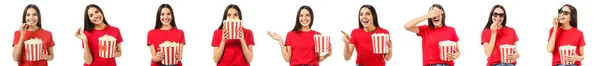 Sada Krásné Mladé Ženy Popcorn Sledování Filmu Izolované Bílém — Stock fotografie