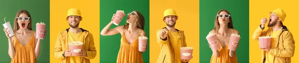 Set Van Jonge Mensen Met Lekkere Popcorn Kleurrijke Achtergrond — Stockfoto