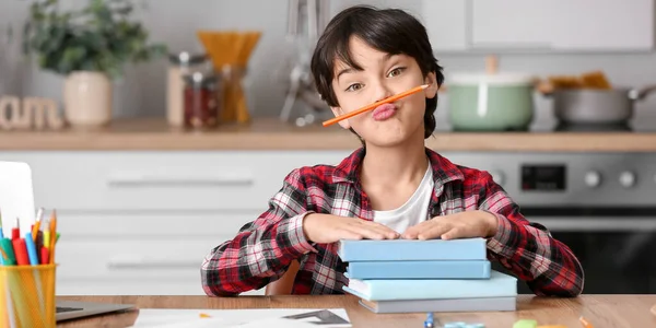 Little Boy Having Fun While Doing Homework Kitchen — Stock Photo, Image