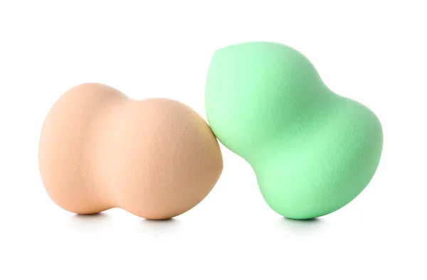 Beige Green Makeup Sponges White Background — Stock Photo, Image