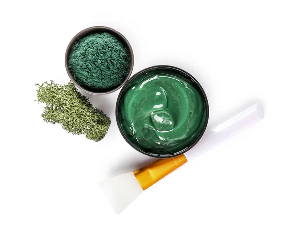 Jar Spirulina Facial Mask Bowl Powder Spatula White Background — Stock Photo, Image