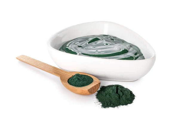 Tigela Máscara Facial Espirulina Sobre Fundo Branco — Fotografia de Stock