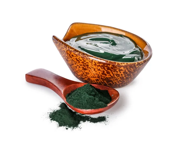 Tigela Máscara Facial Espirulina Colher Com Isolado Fundo Branco — Fotografia de Stock