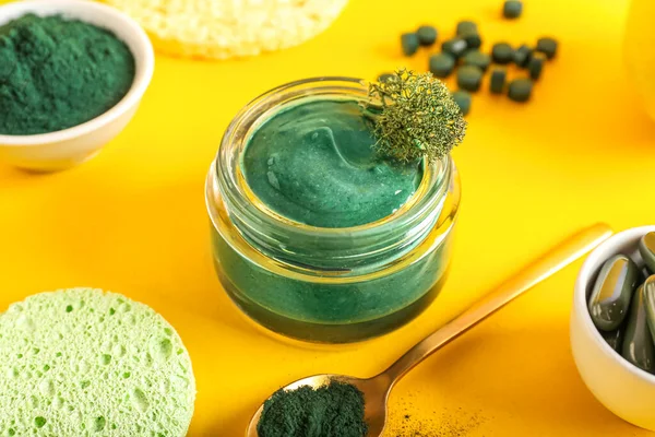 Jar Spirulina Facial Mask Yellow Background — Stock Photo, Image