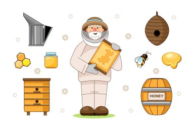 Beyaz arka planda kıdemli erkek arı yetiştiricisi, bal, kovan ve arı içicisiyle ayarlanmış.