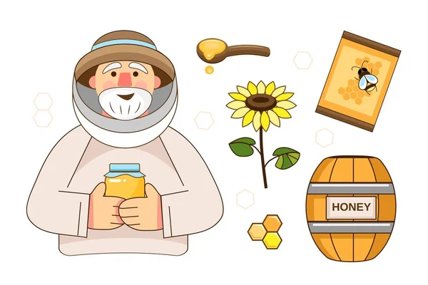 Set Senior Male Beekeeper Honey Sunflower White Background — Stock Vector