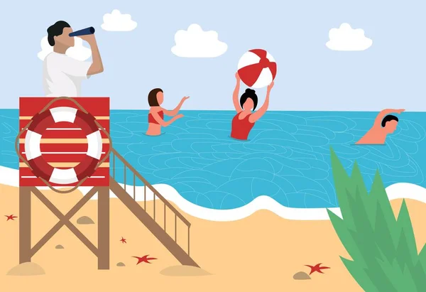 Salvavidas Macho Mirando Gente Nadando Playa Del Mar Través Spyglass — Vector de stock