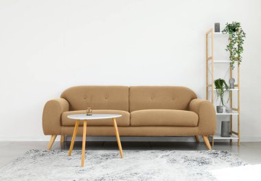 Koltuk, raf ünitesi ve aydınlık duvarın yanındaki masa.