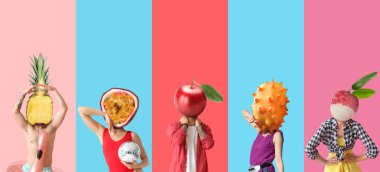 Renkli arka planda kafaları yerine meyve ve böğürtlen olan bir grup insan.