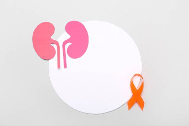 Turuncu farkındalık kurdeleli boş kağıt ve gri arka planda kağıt böbrekler.