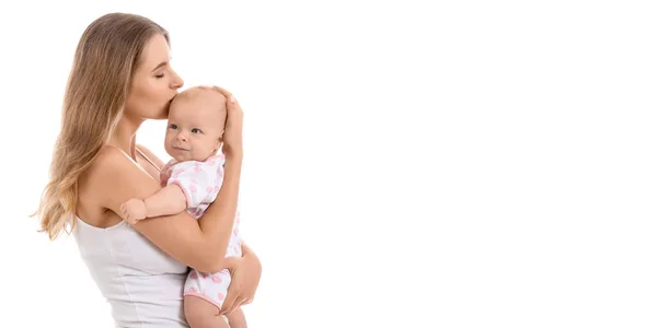 Feliz Madre Besando Lindo Bebé Sobre Fondo Blanco Con Espacio —  Fotos de Stock