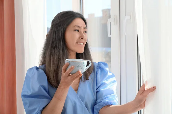 Pretty Senior Asian Woman Drinking Coffee Window Home Process Aging — Stock Photo, Image