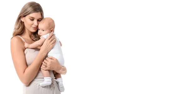Felice Madre Carino Piccolo Bambino Sfondo Bianco Con Spazio Testo — Foto Stock