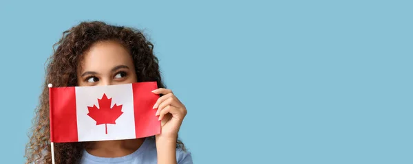 Beautiful Young African American Woman Canadian Flag Light Blue Background — Stockfoto