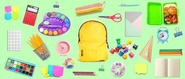 Backpack Set School Supplies Green Background — Stock Photo, Image