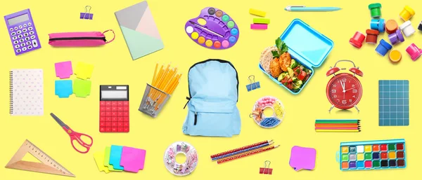 Backpack Set School Supplies Yellow Background — Stock Photo, Image