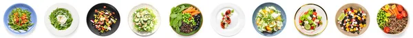 Set Tasty Salads Vegetables White Background Top View — Stockfoto