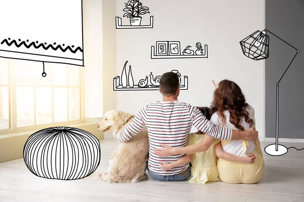 Happy family with dog planning new design of their new flat