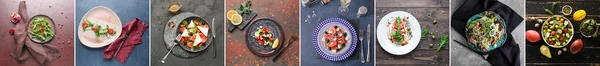 Набор Вкусных Салатов Овощами Темном Фоне Вид Сверху — стоковое фото