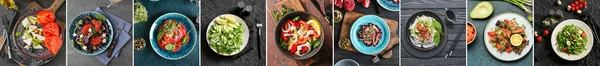 Conjunto Sabrosas Ensaladas Con Verduras Sobre Fondo Oscuro Vista Superior —  Fotos de Stock