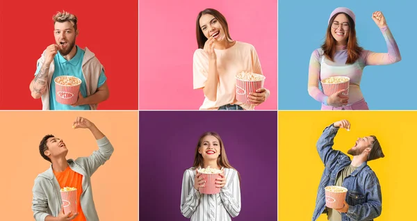 Gruppe Junger Leute Mit Knusprigem Popcorn Auf Buntem Hintergrund — Stockfoto