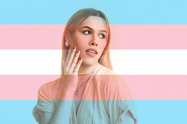 Podwójna Ekspozycja Flagę Młodą Transseksualistkę — Zdjęcie stockowe
