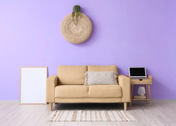 Comfortable Sofa Blank Photo Frame Table Lilac Wall Room — Stock Photo, Image